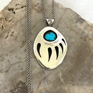 VTG Sterling Silver 925 Southwest Bear Pawn Shadowbox Turquoise Pendant Necklace